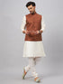 Vastramay Men's Coffee Matka Silk Nehru Jacket With Cream Silk Blend Kurta Pyjama Set