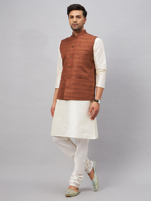Vastramay Men's Coffee Matka Silk Nehru Jacket With Cream Silk Blend Kurta Pyjama Set