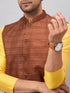 Vastramay Men's Coffee Jacket With Yellow Kurta And Pyjama Set