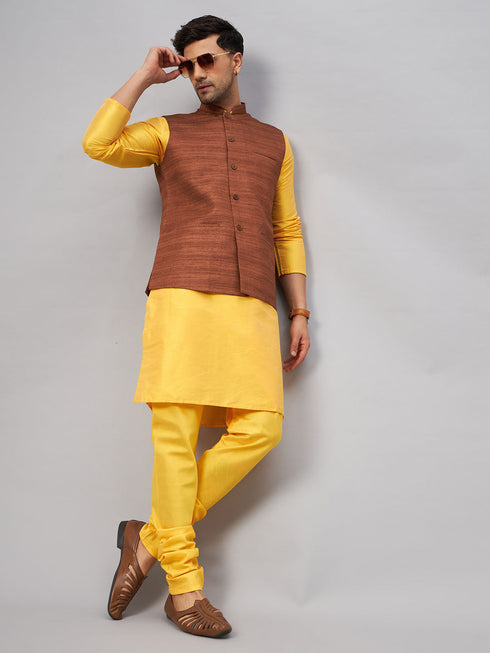 Vastramay Men's Coffee Jacket With Yellow Kurta And Pyjama Set