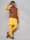 Vastramay Men's Coffee Jacket With Yellow Kurta And Pyjama Set