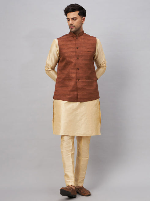 Vastramay Men's Coffee Jacket With Gold Kurta And Pant Set