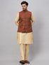 Vastramay Men's Coffee Jacket With Gold Kurta And Pant Set