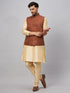Vastramay Men's Coffee Jacket With Gold Kurta And Pant Set
