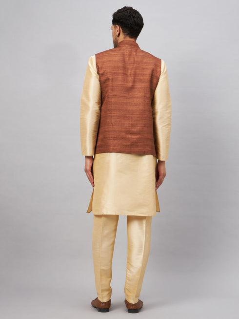 Vastramay Men's Coffee Jacket With Gold Kurta And Pant Set
