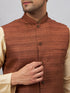 Vastramay Men's Coffee Jacket With Gold Kurta And Pant Set