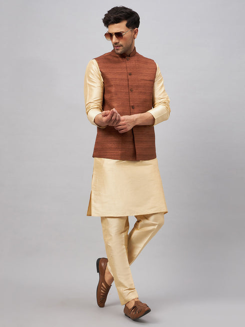Vastramay Men's Coffee Jacket With Gold Kurta And Pant Set