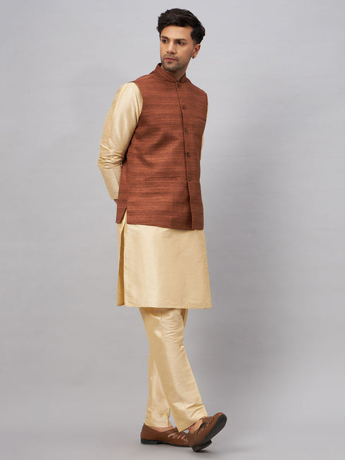 Vastramay Men's Coffee Jacket With Gold Kurta And Pant Set