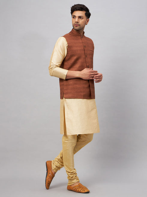 Vastramay Men's Coffee Jacket With Gold Kurta And Pyjama Set