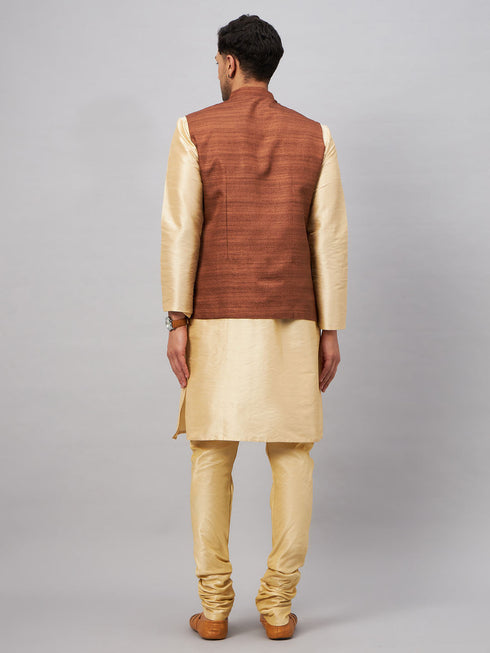Vastramay Men's Coffee Jacket With Gold Kurta And Pyjama Set