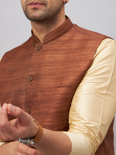 Vastramay Men's Coffee Jacket With Gold Kurta And Pyjama Set