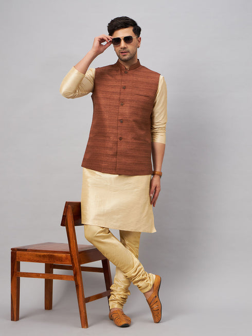 Vastramay Men's Coffee Jacket With Gold Kurta And Pyjama Set