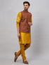 Vastramay Men's Coffee Jacket With Mustard Kurta And Pyjama Set
