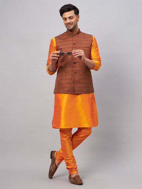 Vastramay Men's Coffee Jacket With Orange Kurta And Pyjama Set