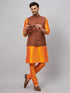 Vastramay Men's Coffee Jacket With Orange Kurta And Pyjama Set