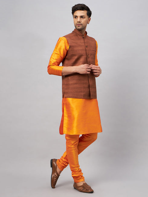 Vastramay Men's Coffee Jacket With Orange Kurta And Pyjama Set