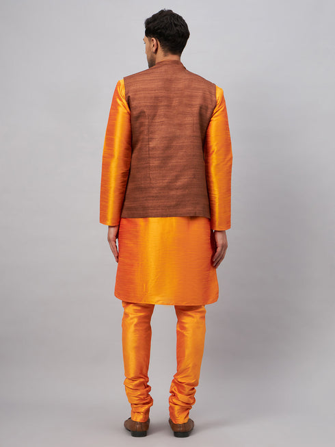 Vastramay Men's Coffee Jacket With Orange Kurta And Pyjama Set