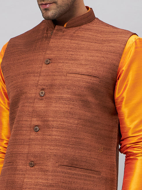 Vastramay Men's Coffee Jacket With Orange Kurta And Pyjama Set