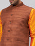 Vastramay Men's Coffee Jacket With Orange Kurta And Pyjama Set