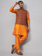 Vastramay Men's Coffee Jacket With Orange Kurta And Pyjama Set