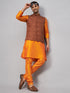 Vastramay Men's Coffee Jacket With Orange Kurta And Pyjama Set