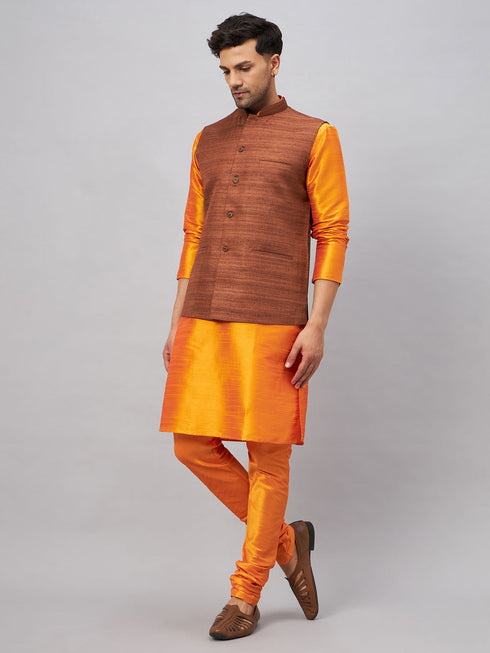 Vastramay Men's Coffee Jacket With Orange Kurta And Pyjama Set