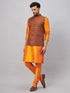 Vastramay Men's Coffee Jacket With Orange Kurta And Pyjama Set