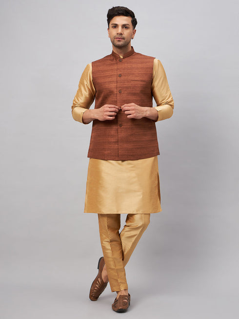 Vastramay Men's Coffee Jacket With Rose Gold Kurta And Pant Set