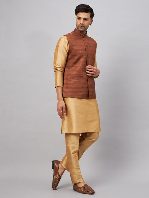 Vastramay Men's Coffee Jacket With Rose Gold Kurta And Pant Set