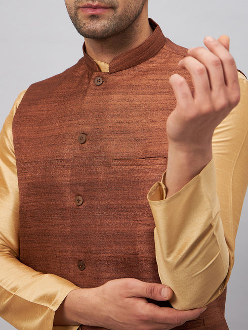 Vastramay Men's Coffee Jacket With Rose Gold Kurta And Pant Set