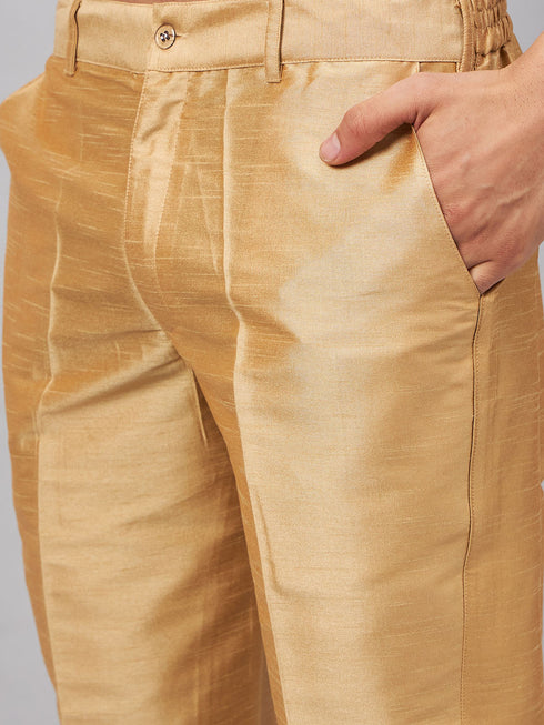 Vastramay Men's Coffee Jacket With Rose Gold Kurta And Pant Set