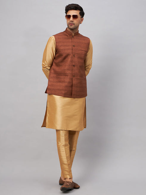 Vastramay Men's Coffee Jacket With Rose Gold Kurta And Pant Set