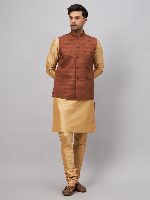 Vastramay Men's Coffee Jacket With Rose Gold Kurta And Pyjama Set