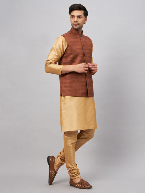 Vastramay Men's Coffee Jacket With Rose Gold Kurta And Pyjama Set