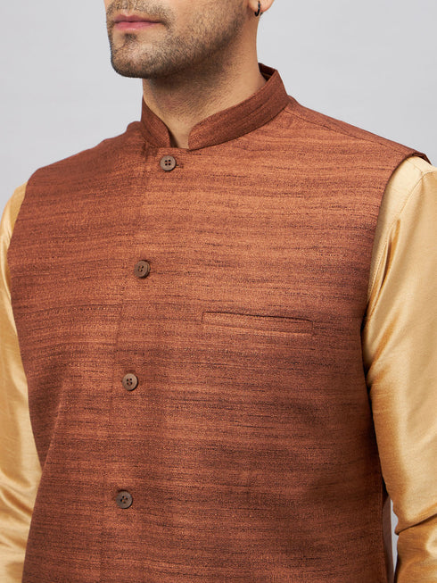 Vastramay Men's Coffee Jacket With Rose Gold Kurta And Pyjama Set