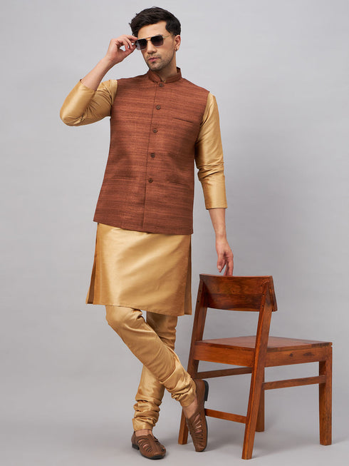 Vastramay Men's Coffee Jacket With Rose Gold Kurta And Pyjama Set