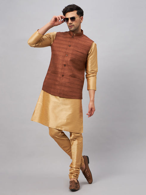 Vastramay Men's Coffee Jacket With Rose Gold Kurta And Pyjama Set