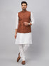 Vastramay Men's Coffee Matka Silk Nehru Jacket With White Silk Blend Kurta Pyjama Set