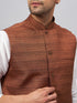 Vastramay Men's Coffee Matka Silk Nehru Jacket With White Silk Blend Kurta Pyjama Set