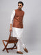 Vastramay Men's Coffee Matka Silk Nehru Jacket With White Silk Blend Kurta Pyjama Set