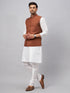 Vastramay Men's Coffee Matka Silk Nehru Jacket With White Silk Blend Kurta Pyjama Set