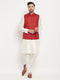 Vastramay Men's Maroon Matka Silk Nehru Jacket With Cream Silk Blend Kurta and Pant style Pyjama Set
