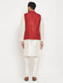 Vastramay Men's Maroon Matka Silk Nehru Jacket With Cream Silk Blend Kurta and Pant style Pyjama Set