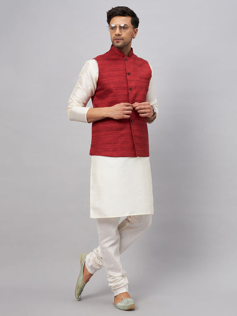 Vastramay Men's Maroon Matka Silk Nehru Jacket With Cream Silk Blend Kurta Pyjama Set