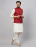 Vastramay Men's Maroon Matka Silk Nehru Jacket With Cream Silk Blend Kurta Pyjama Set