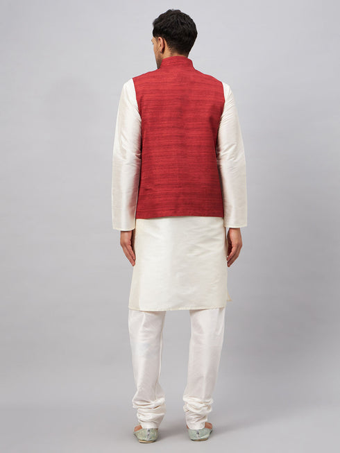 Vastramay Men's Maroon Matka Silk Nehru Jacket With Cream Silk Blend Kurta Pyjama Set