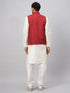 Vastramay Men's Maroon Matka Silk Nehru Jacket With Cream Silk Blend Kurta Pyjama Set