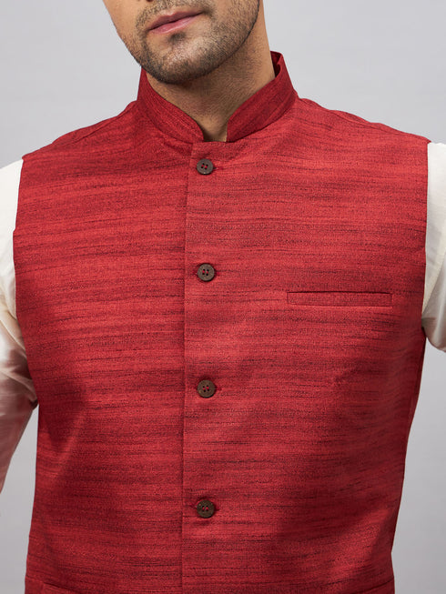 Vastramay Men's Maroon Matka Silk Nehru Jacket With Cream Silk Blend Kurta Pyjama Set