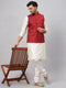 Vastramay Men's Maroon Matka Silk Nehru Jacket With Cream Silk Blend Kurta Pyjama Set