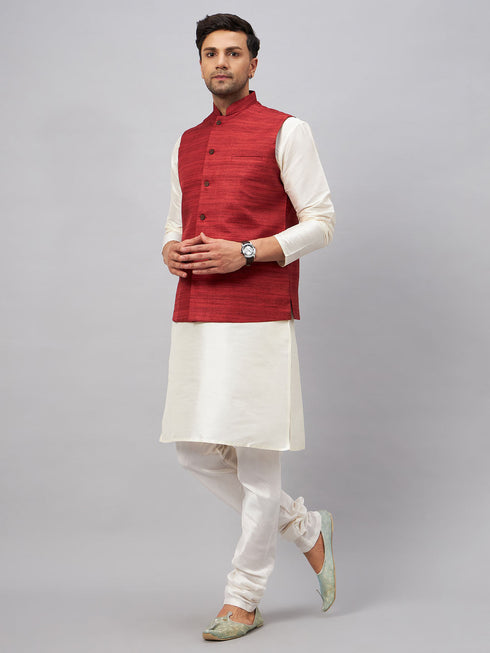 Vastramay Men's Maroon Matka Silk Nehru Jacket With Cream Silk Blend Kurta Pyjama Set